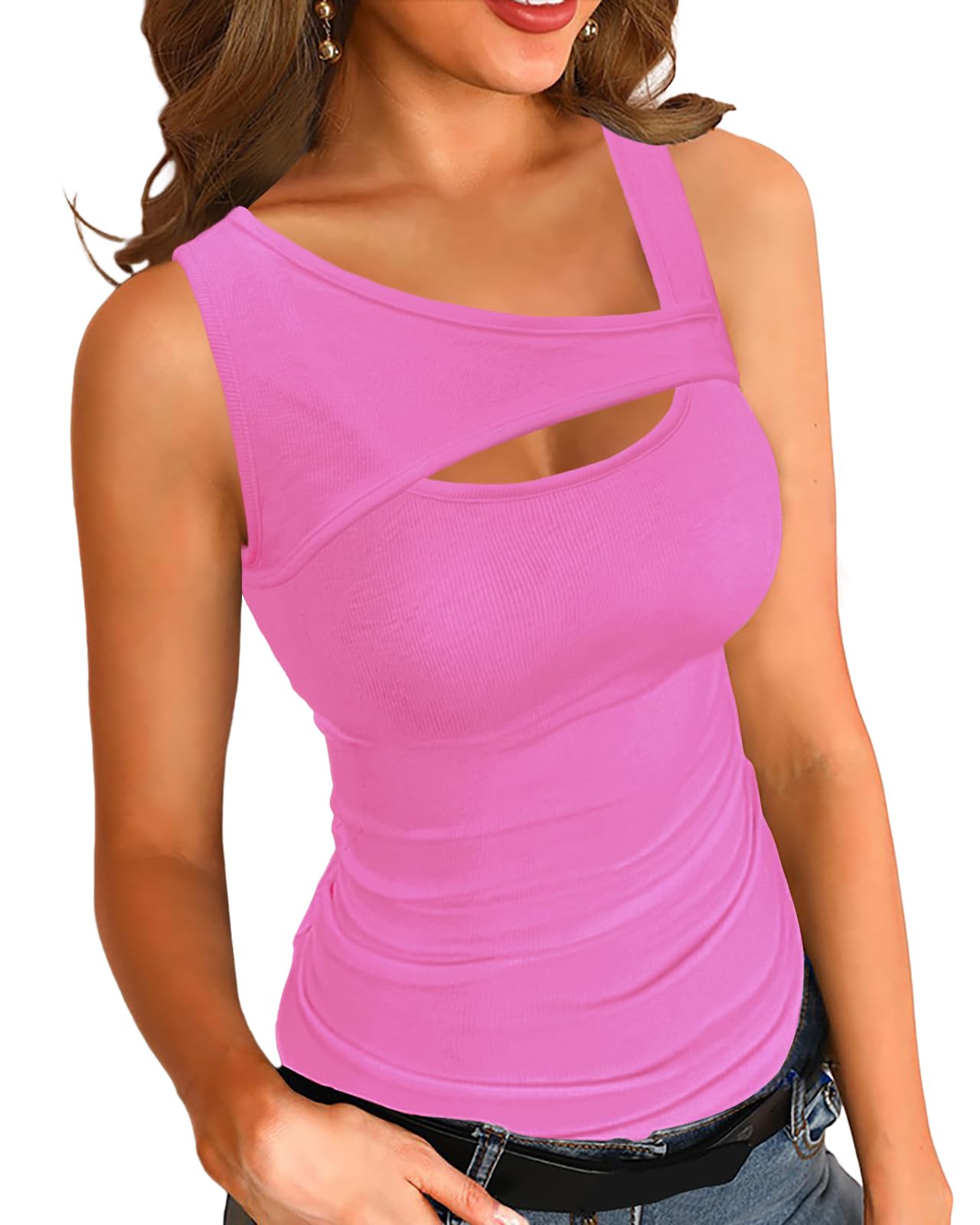 BS Sexy Tank Top for Women Sexy One Piece Cutout Tops Sleeveless Ribbed Slim Fitted Shirts Tee Tshirts(Medium,Pink)