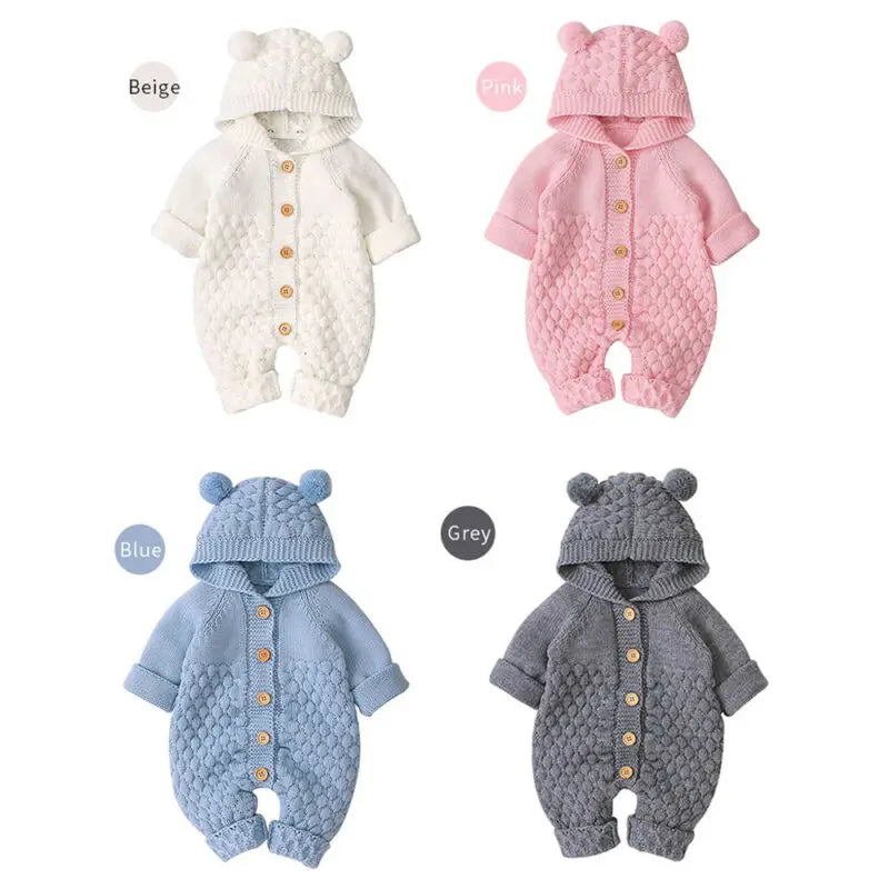 Newborn Knit Hooded Romper | Warm Baby Sweater Jumpsuit