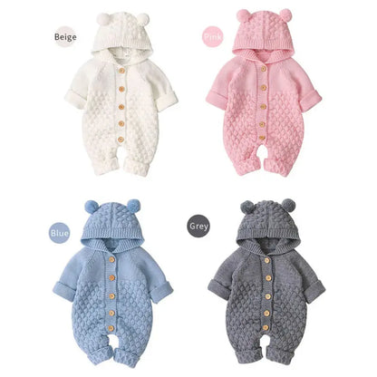 Newborn Knit Hooded Romper | Warm Baby Sweater Jumpsuit