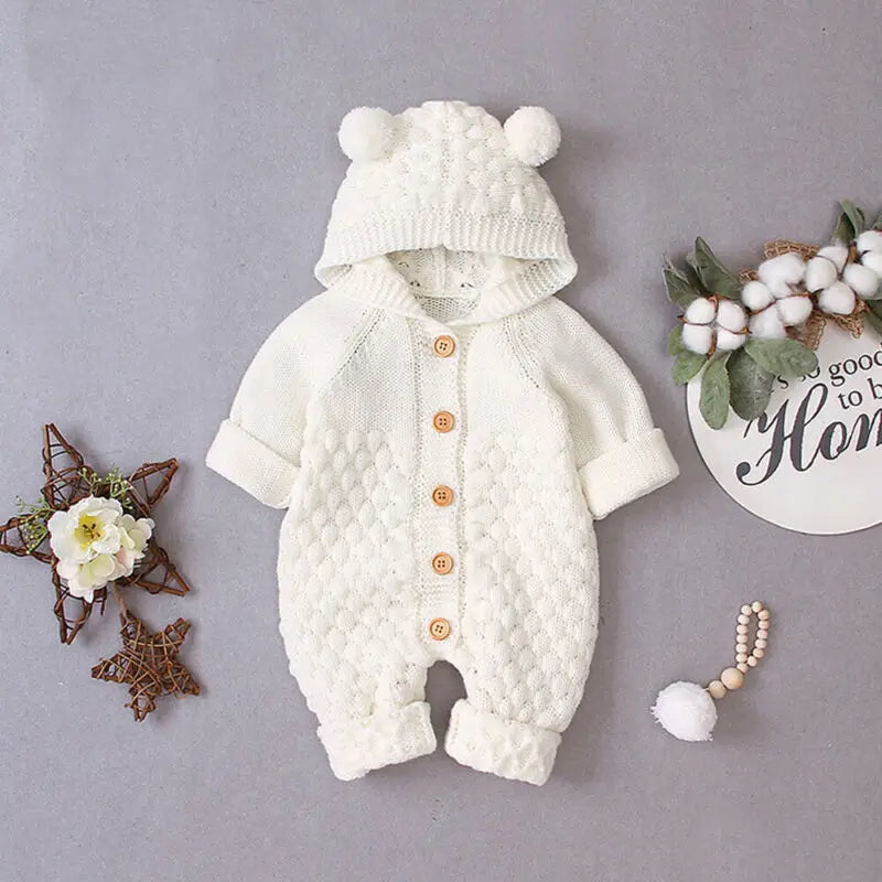 Newborn Knit Hooded Romper | Warm Baby Sweater Jumpsuit