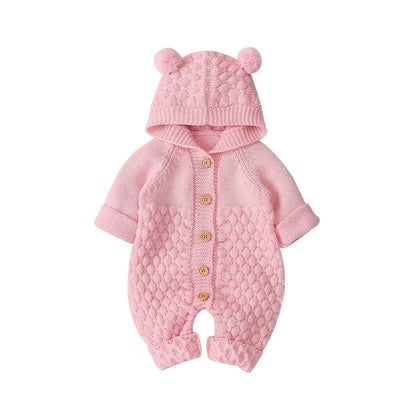 Newborn Knit Hooded Romper | Warm Baby Sweater Jumpsuit