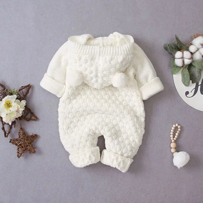 Newborn Knit Hooded Romper | Warm Baby Sweater Jumpsuit
