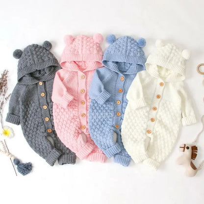 Newborn Knit Hooded Romper | Warm Baby Sweater Jumpsuit