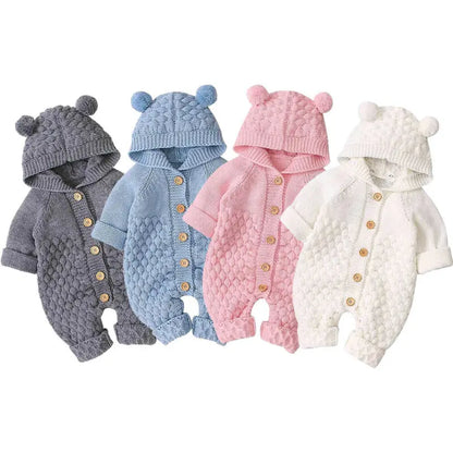 Newborn Knit Hooded Romper | Warm Baby Sweater Jumpsuit
