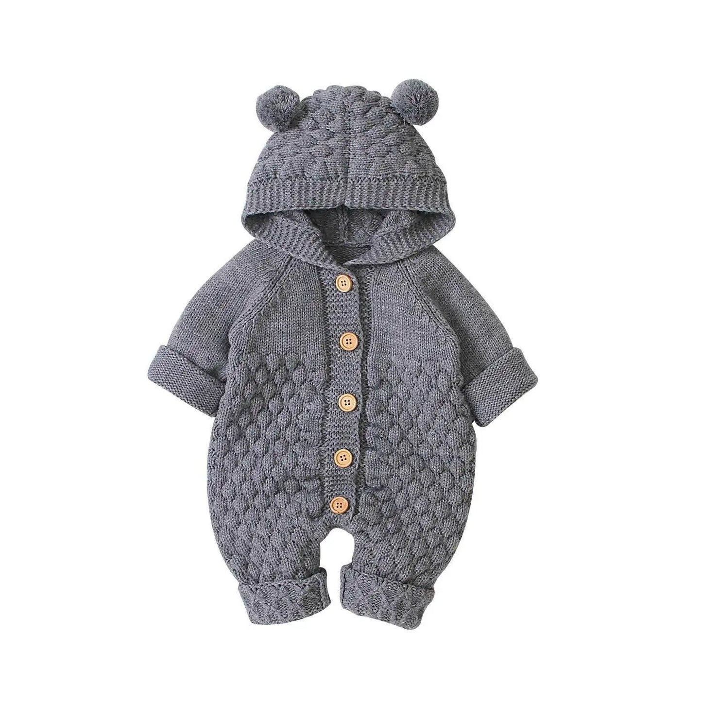 Newborn Knit Hooded Romper | Warm Baby Sweater Jumpsuit