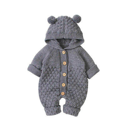 Newborn Knit Hooded Romper | Warm Baby Sweater Jumpsuit